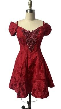 Vintage 90s Red Floral Brocade Fit Flare Red Mini Dress SZ S Prom Formal Party